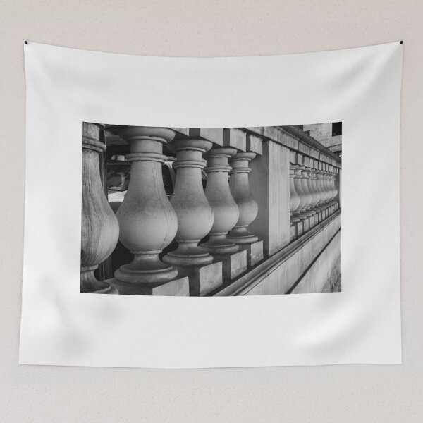 Item preview, Black and White Stone Balustrade Railings Along a Classical Terrace Wall in Monochrome designed and sold by Nmallia.