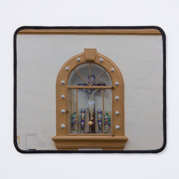 Item preview, Ornate Window Shrine With Cross, Floral Arrangements, And Rustic Tan Wall On Exterior Building designed and sold by Nmallia.
