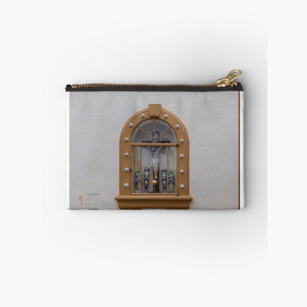 Item preview, Ornate Window Shrine With Cross, Floral Arrangements, And Rustic Tan Wall On Exterior Building designed and sold by Nmallia.