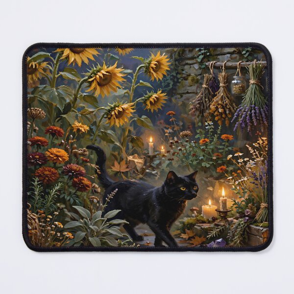 Item preview, Autumn Black Cat in Enchanted Sunflower Garden designed and sold by cr6zym1nd.