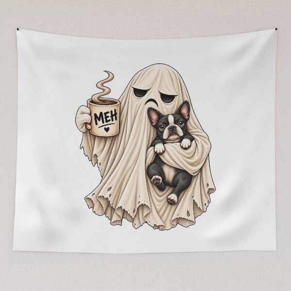 Item preview, Grumpy Ghost Boston Terrier Holding Coffee Funny Halloween Dog designed and sold by 76Valeria.