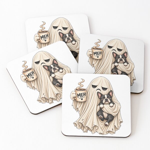Item preview, Grumpy Ghost Boston Terrier Holding Coffee Funny Halloween Dog designed and sold by 76Valeria.