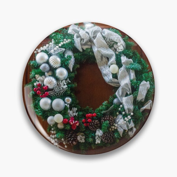 Item preview, Christmas Wreath Decor On A Rich Wooden Door With Silver Ribbon And Pinecones designed and sold by Nmallia.
