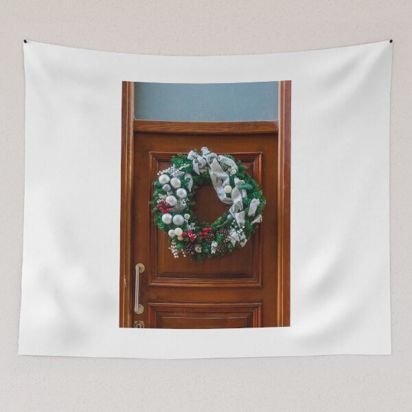 Item preview, Christmas Wreath Decor On A Rich Wooden Door With Silver Ribbon And Pinecones designed and sold by Nmallia.
