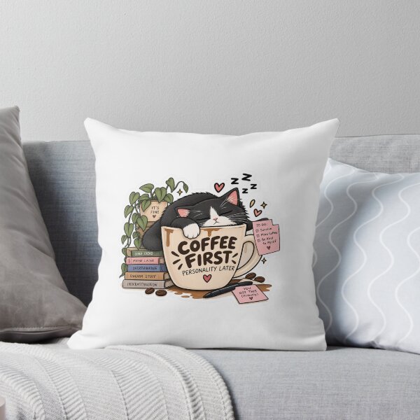Item preview, Coffee First Personality Later Cat Sticker – Funny Coffee Lover Kawaii Design designed and sold by SlapHappyArt.