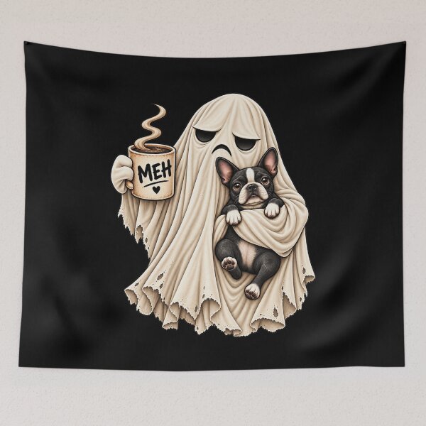 Item preview, Grumpy Ghost Boston Terrier Holding Coffee Funny Halloween Dog designed and sold by 76Valeria.