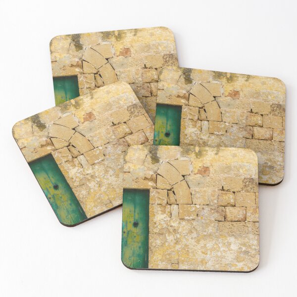 Item preview, Rustic Yellow Wall With Cracked Stone Arch And Weathered Green Door designed and sold by Nmallia.