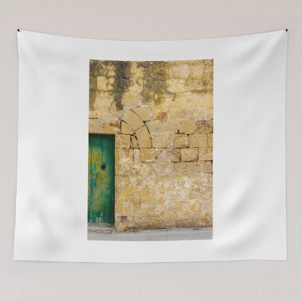 Item preview, Rustic Yellow Wall With Cracked Stone Arch And Weathered Green Door designed and sold by Nmallia.