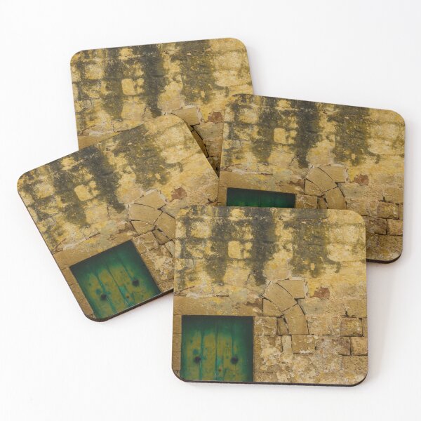 Item preview, Old Green Door Set in Weathered Yellow Stone Wall – Rustic Historic Facade designed and sold by Nmallia.