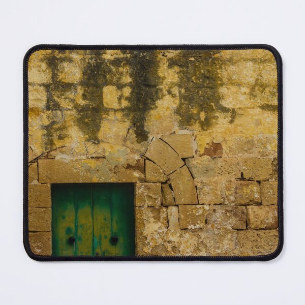 Item preview, Old Green Door Set in Weathered Yellow Stone Wall – Rustic Historic Facade designed and sold by Nmallia.