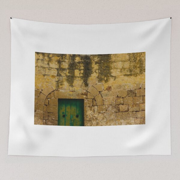 Item preview, Old Green Door Set in Weathered Yellow Stone Wall – Rustic Historic Facade designed and sold by Nmallia.
