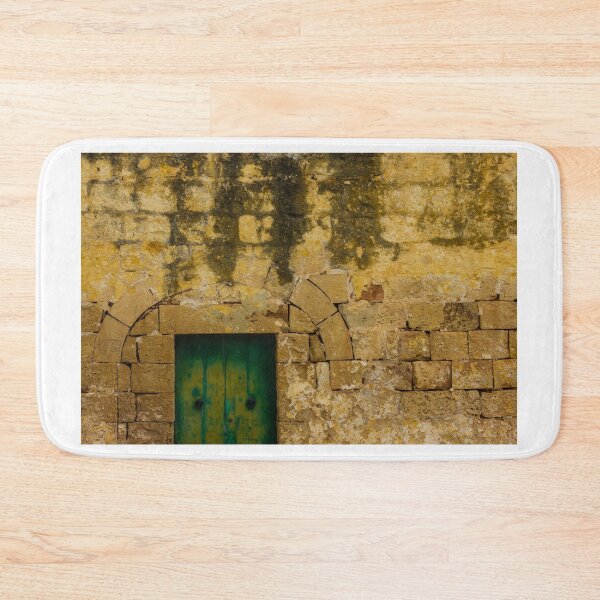 Item preview, Old Green Door Set in Weathered Yellow Stone Wall – Rustic Historic Facade designed and sold by Nmallia.