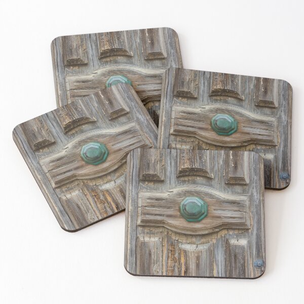 Item preview, Rustic Weathered Wooden Door With Green Metal Knob and Cracked Ornate Panel Detail designed and sold by Nmallia.