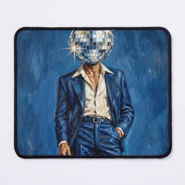 Item preview, Disco Ball Head Man in Blue Suit - 70s Retro Oil Painting Art designed and sold by Silly Goose Party.
