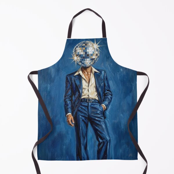 Aperçu de l'œuvre Homme à tête de boule disco en costume bleu - Peinture à l'huile rétro années 70 créée et vendue par Silly Goose Party.