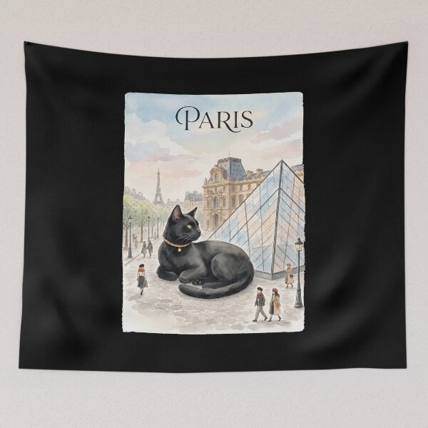 Item preview, Parisian Black Cat Louvre Eiffel Watercolor Art designed and sold by SoyLamderma.