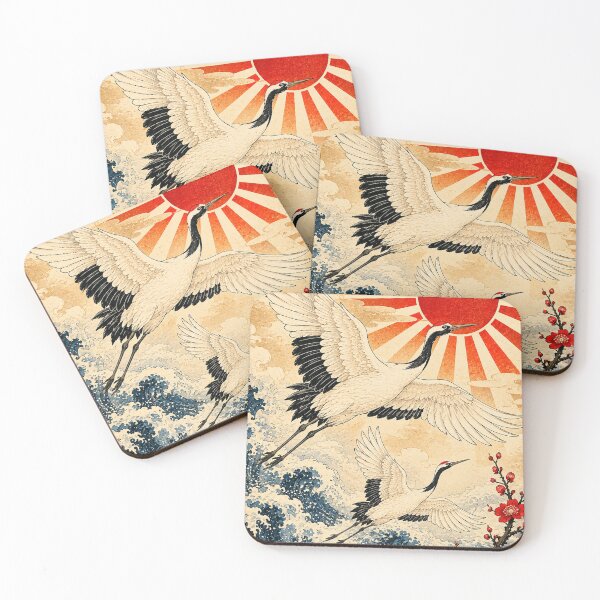 Item preview, Japanese Cranes and Rising Sun – Ukiyo-e Inspired Waves designed and sold by KASUMINK.