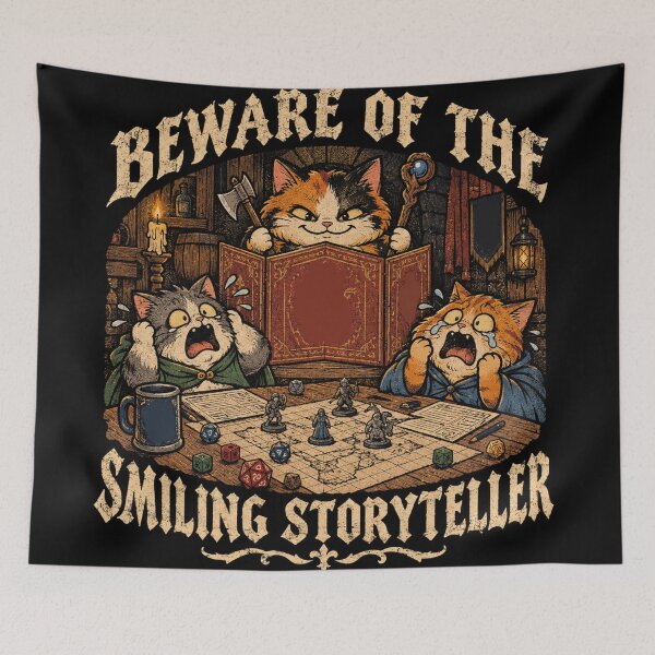 Item preview, Beware Of The Smiling Storyteller Cats Tabletop Art TTRPG Humor designed and sold by Yellowriversss.