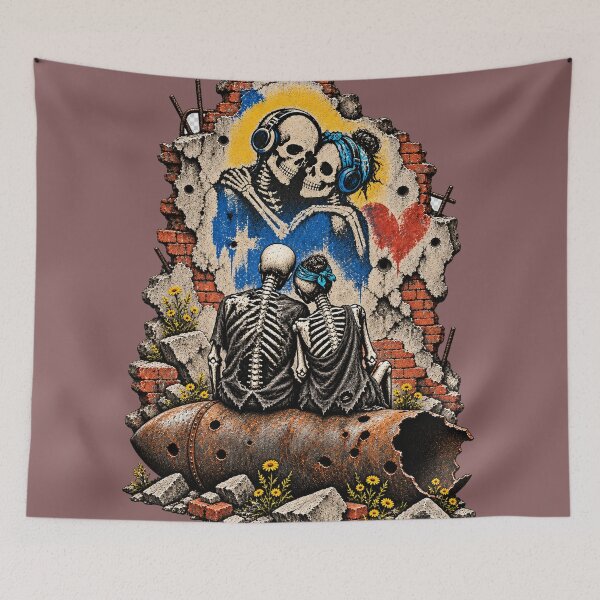 Item preview, Skeleton Couple Contemplating a Love Mural designed and sold by Qenlo.