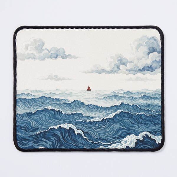 Item preview, Watercolor Wavy Ocean Landscape with Small Red Sailboat designed and sold by Mike Kiev art.