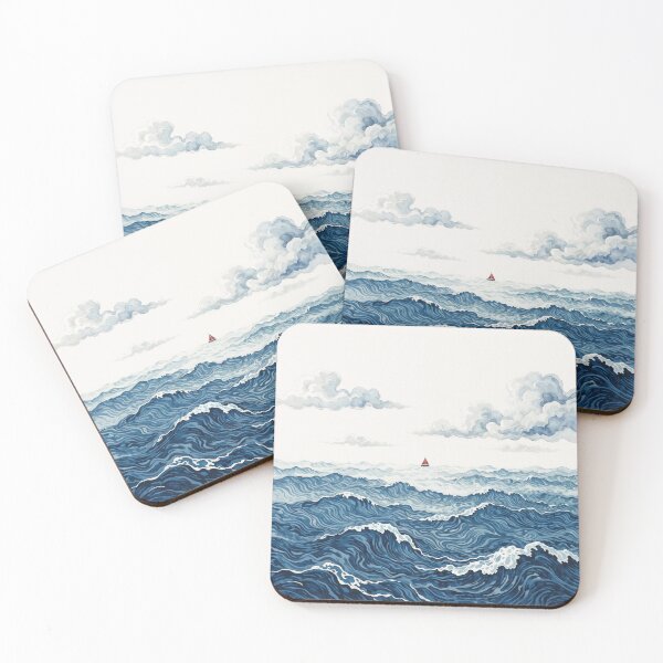Item preview, Watercolor Wavy Ocean Landscape with Small Red Sailboat designed and sold by Mike Kiev art.