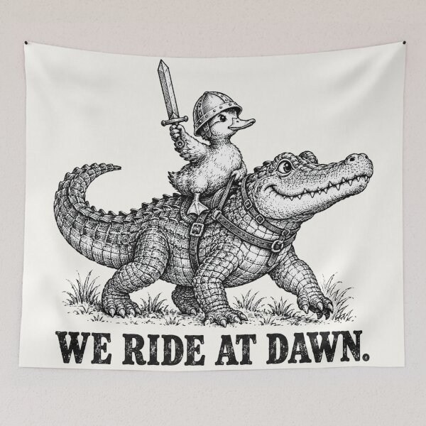 Item preview, We Ride At Dawn Duck Knight Alligator Vintage Art TTRPG Meme designed and sold by Yellowriversss.