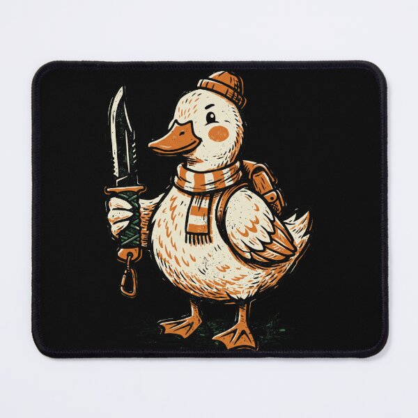 Item preview, Funny Duck Holding Knife Camping Adventurer Linocut Vector designed and sold by seven things shop.