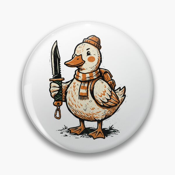 Item preview, Funny Duck Holding Knife Camping Adventurer Linocut Vector designed and sold by seven things shop.