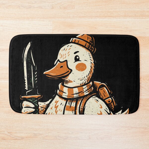 Item preview, Funny Duck Holding Knife Camping Adventurer Linocut Vector designed and sold by seven things shop.
