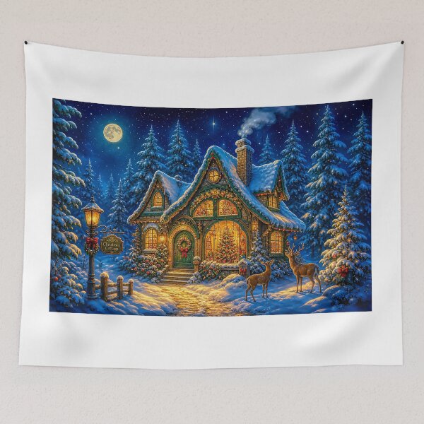 Item preview, Magical Christmas Cottage in a Snowy Forest Deer at Midnight designed and sold by acceleratorhams.