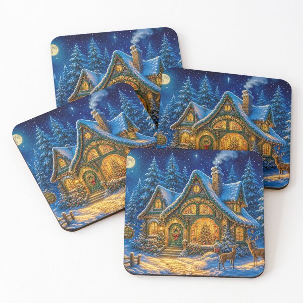 Item preview, Magical Christmas Cottage in a Snowy Forest Deer at Midnight designed and sold by acceleratorhams.