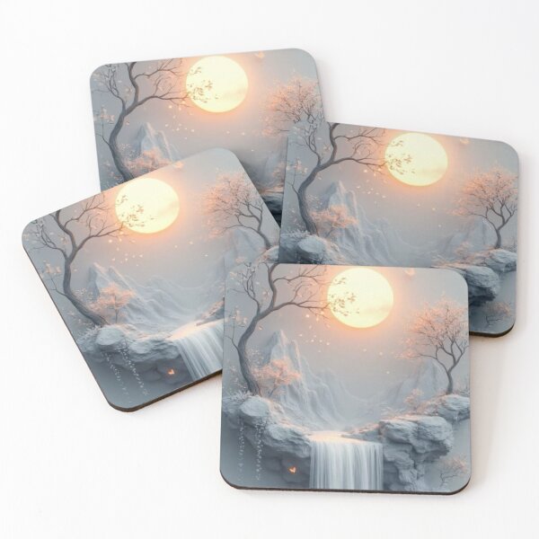 Item preview, Serene Waterfall Island with Glowing Sun — Ethereal 3D Landscape Art designed and sold by LYAN-STORE.