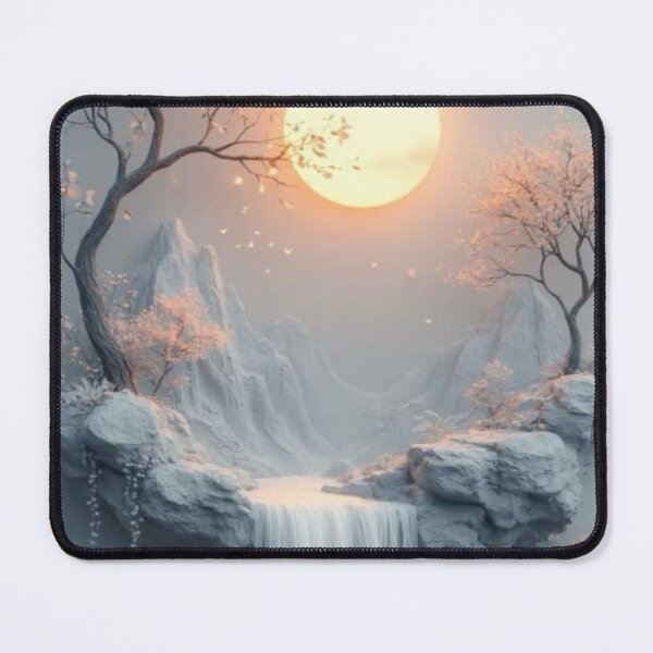 Item preview, Serene Waterfall Island with Glowing Sun — Ethereal 3D Landscape Art designed and sold by LYAN-STORE.