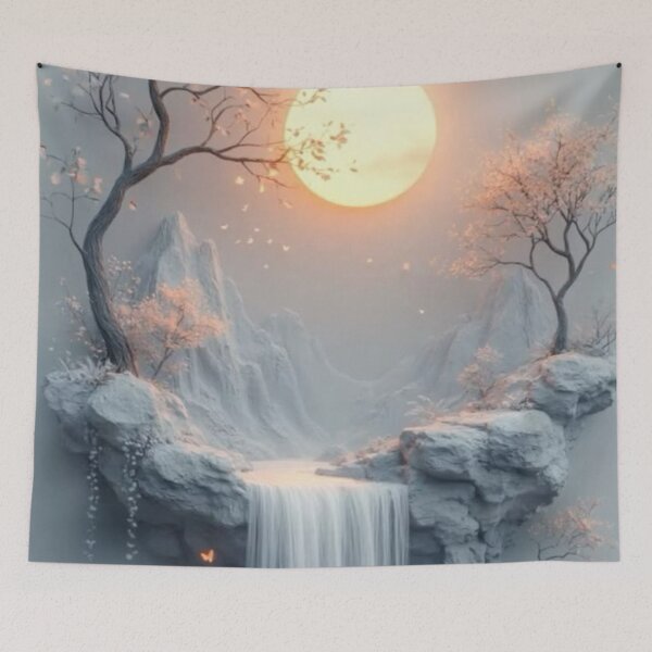 Item preview, Serene Waterfall Island with Glowing Sun — Ethereal 3D Landscape Art designed and sold by LYAN-STORE.