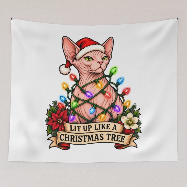 Item preview, Merry Christmas Sphynx Cat Lights Tattoo designed and sold by Old's Cool Cat Studio.