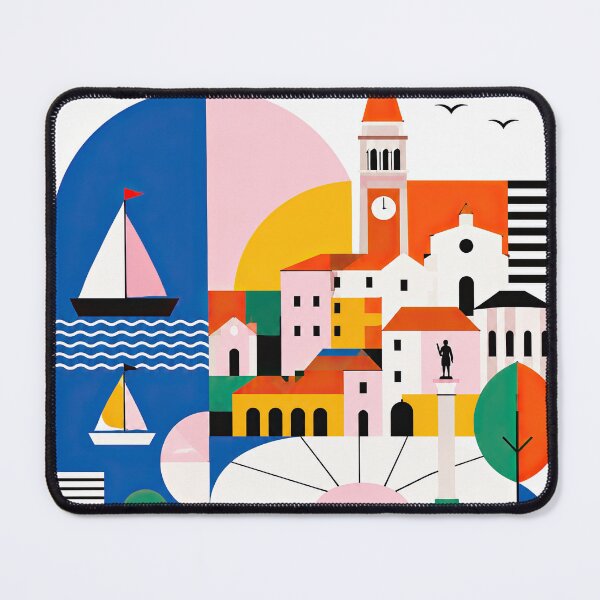 Item preview, Colorful geometric illustration of a stylized coastal town designed and sold by ckybe.
