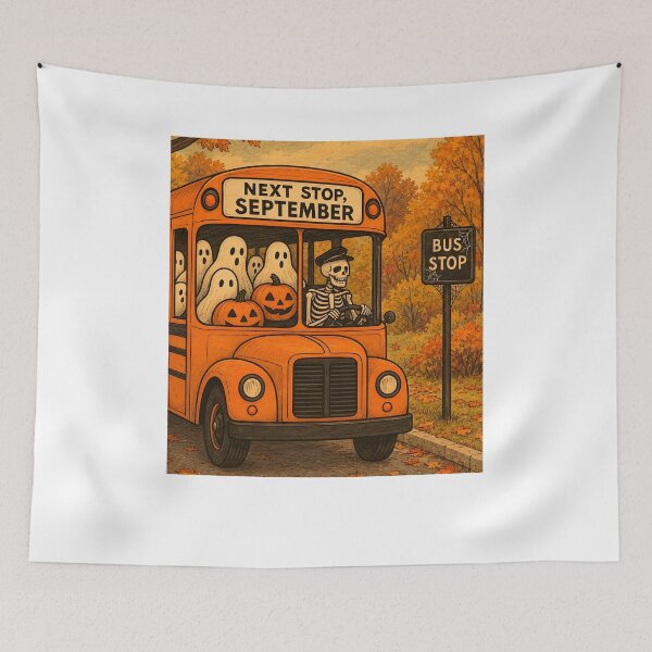 Item preview, Next Stop September Halloween Bus Ghosts Skeleton Pumpkin Autumn designed and sold by MarlaMaloneShop.