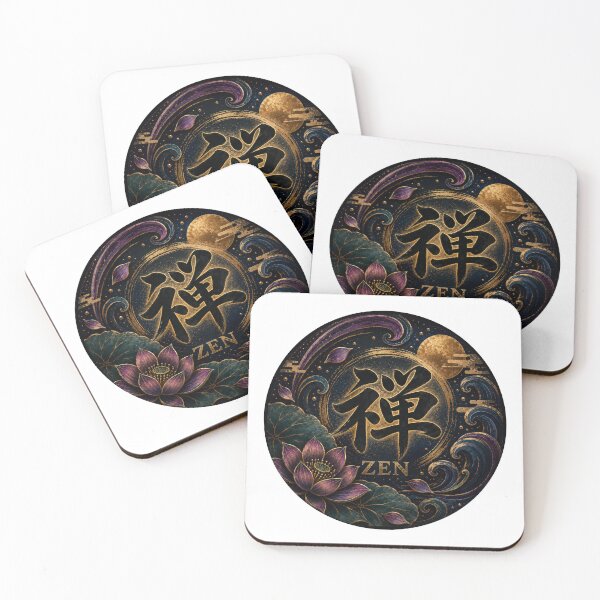 Item preview, Zen Kanji Japanese Lotus & Wave Medallion – 禅 Gold Accent Art | Dark Edition designed and sold by  Miyabi Tonaegoto Art.