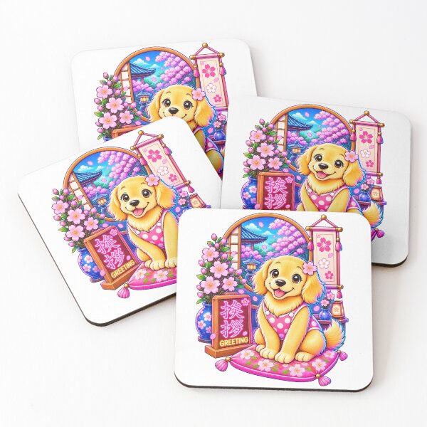 Item preview, Golden Retriever Puppy & Greeting Kanji – Neon Sakura Japanese Art | Neon Edition designed and sold by  Miyabi Tonaegoto Art.