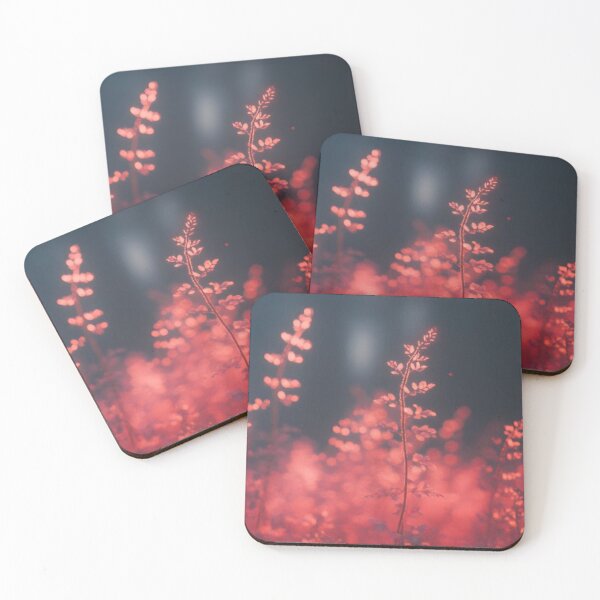 Item preview, Glowing Crimson Ferns in Dark Forest — Luminous Coral Floral Photography designed and sold by LYAN-STORE.