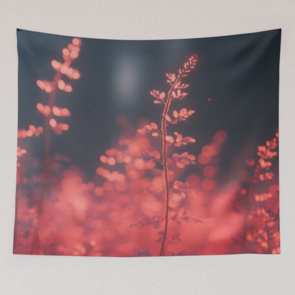Item preview, Glowing Crimson Ferns in Dark Forest — Luminous Coral Floral Photography designed and sold by LYAN-STORE.