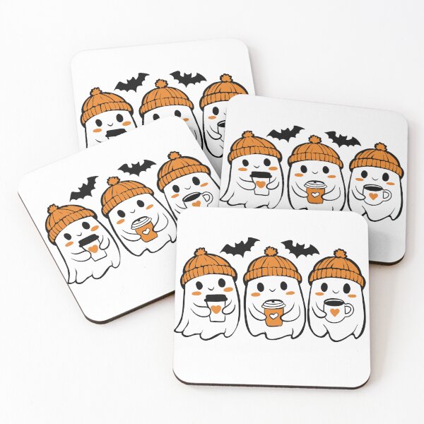 Item preview, Cute Ghosts Drinking Coffee with Orange Beanies — Spooky Autumn Halloween Sticker designed and sold by LYAN-STORE.