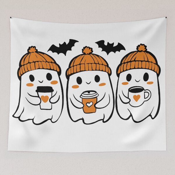 Item preview, Cute Ghosts Drinking Coffee with Orange Beanies — Spooky Autumn Halloween Sticker designed and sold by LYAN-STORE.