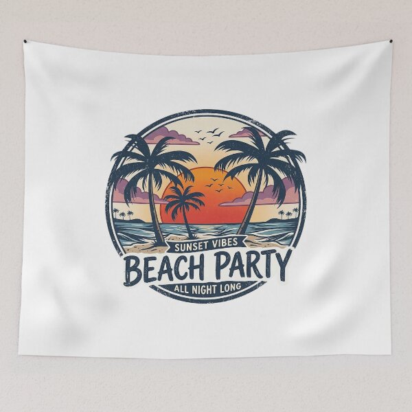 Item preview, Title:  Retro Beach Party Sunset Vector - Summer Palm Trees Badge Logo Design designed and sold by wisnubayuaji.