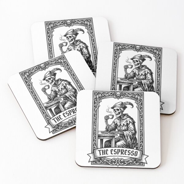 Item preview, The Espresso Tarot Card Skeleton Drinking Coffee Vintage Woodcut designed and sold by OLLI_STORE.