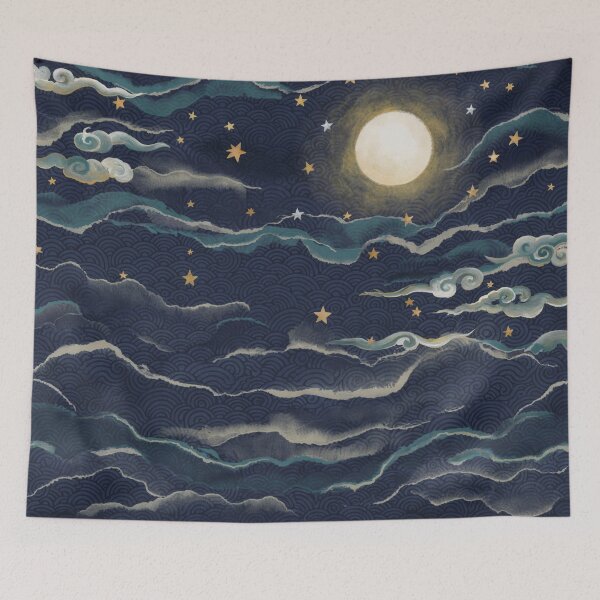 Item preview, Moonlit Celestial Waves – Japanese Seigaiha Moon & Stars Pattern, Indigo Navy Celestial Home Décor designed and sold by Tamas Das.