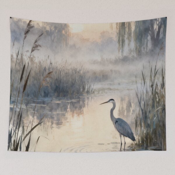 Item preview, Heron Wetland Wall Art, Marsh Landscape Painting, Bird Nature Print, Serene Water Garden Decor designed and sold by stylishdzign.