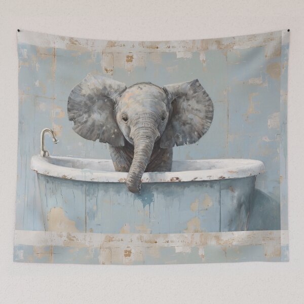 Item preview, Whimsical Baby Elephant in Vintage Bathtub - Surreal Distressed Animal Art designed and sold by Elite Wall Art.