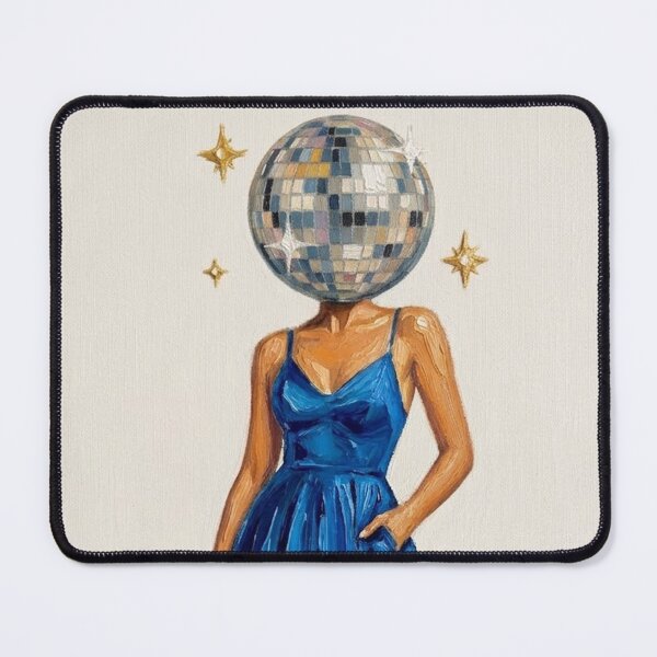 Item preview, Disco Ball Head Woman in Blue Dress - Retro Surreal Oil Painting Art designed and sold by Silly Goose Party.