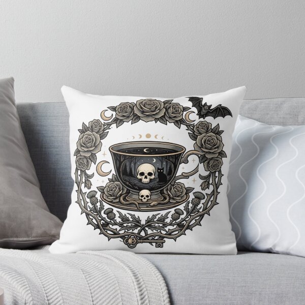Item preview, Soft Goth Teacup Illustration - Dark Cottagecore Skull & Black Cat designed and sold by GothicAle.